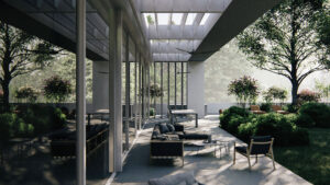 3D visualization of a modern interior design concept with furniture and lighting